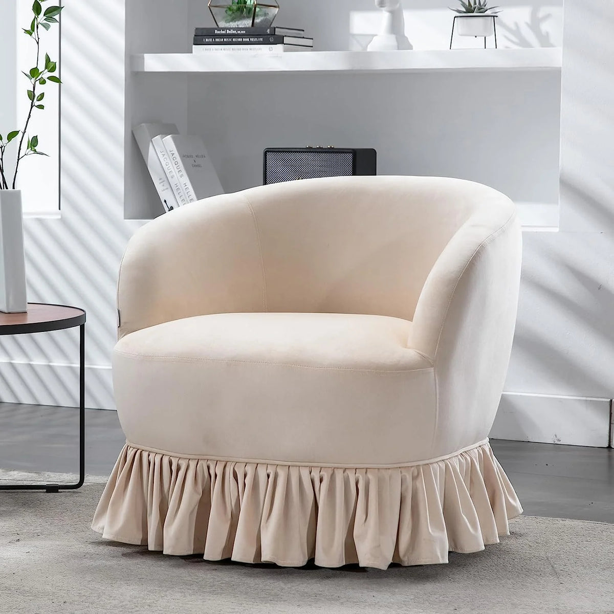 Olive Velvet Swivel Barrel Chair with Pleated Skirt E55076
