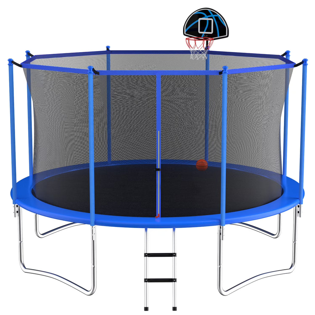 10 Feet Blue Outdoor Trampoline with Basketball Hoop and Safety Enclosure U572