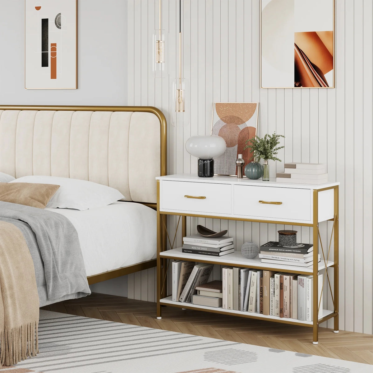 White/Gold 39.4'' Narrow Console Table with Drawers Q96535