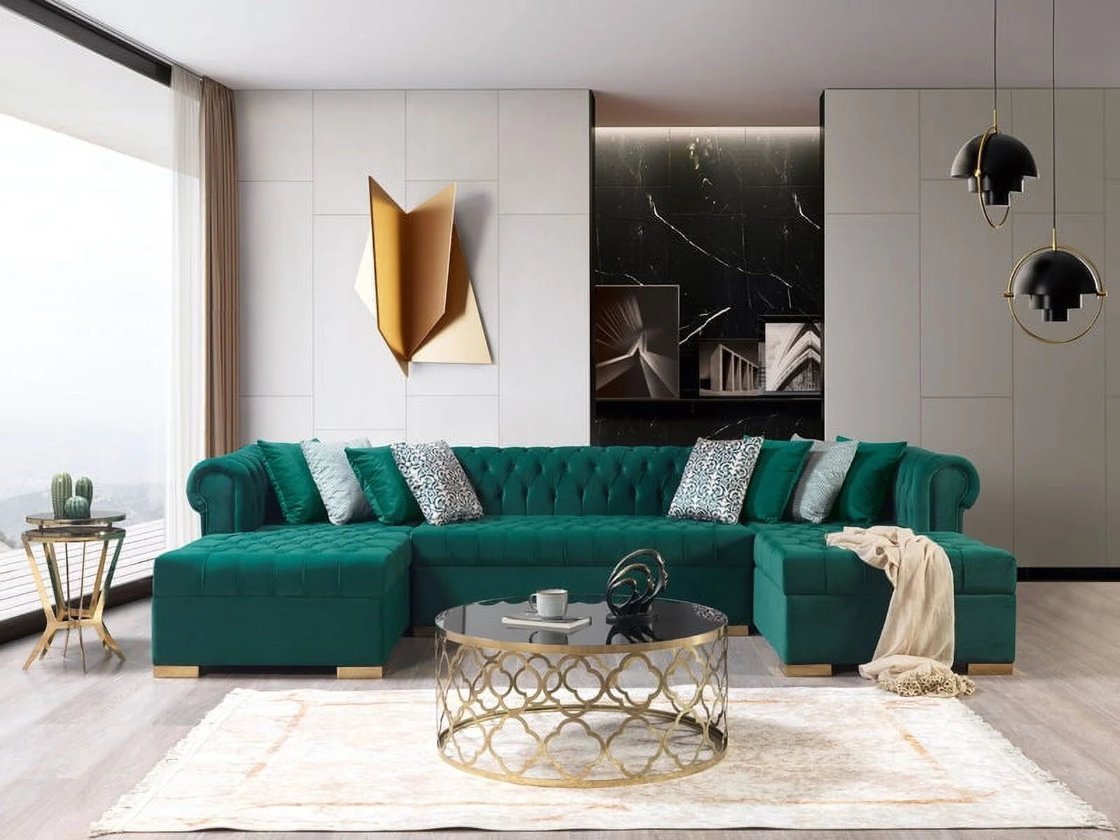 Green Velvet Double Chaise Sectional Y788