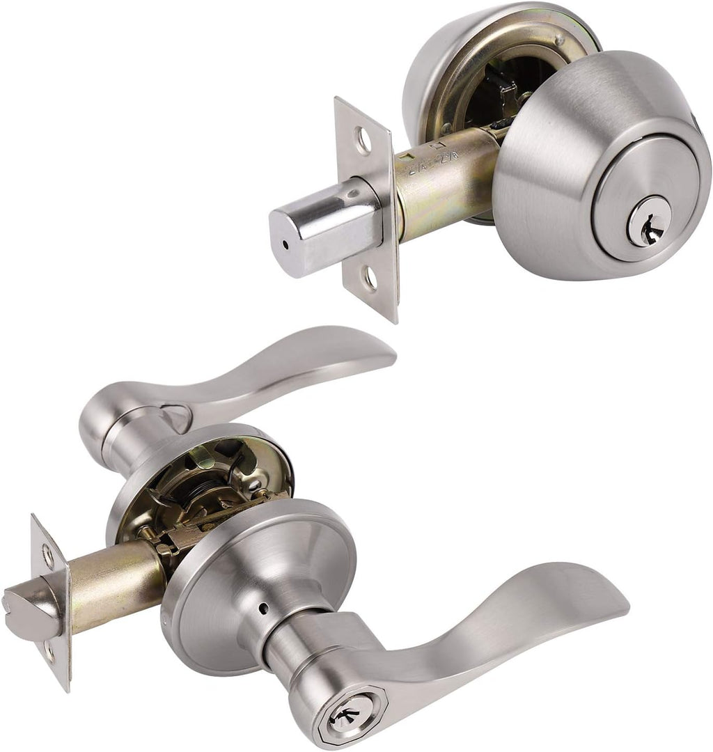 Satin Nickel Entry Lever and Single Cylinder Deadbolt Combo Pack, Keyed Alike Handleset Y678
