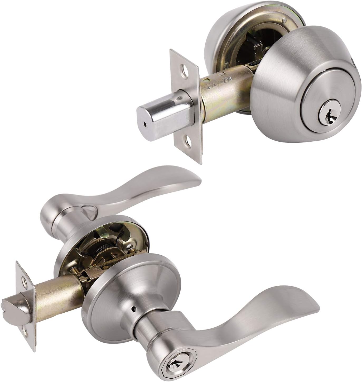 Satin Nickel Entry Lever and Single Cylinder Deadbolt Combo Pack, Keyed Alike Handleset Y678