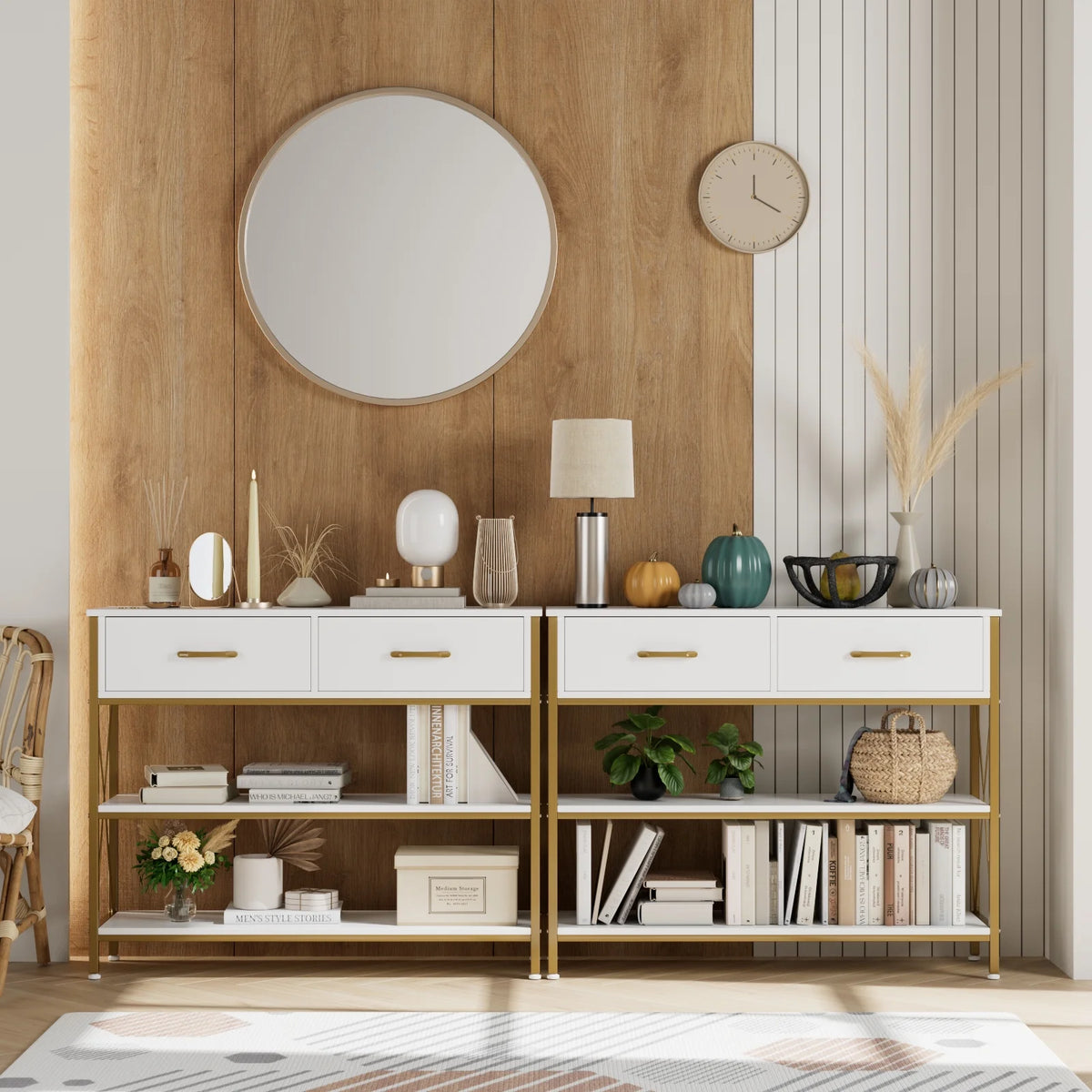 White/Gold 39.4'' Narrow Console Table with Drawers Q96535