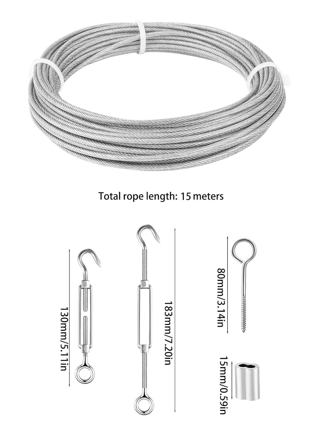 1/8 Wire Rope Kit with 100ft Stainless Steel Cable, M5 Turnbuckle Hook and Eye, Double Hole Cable Clamp L673