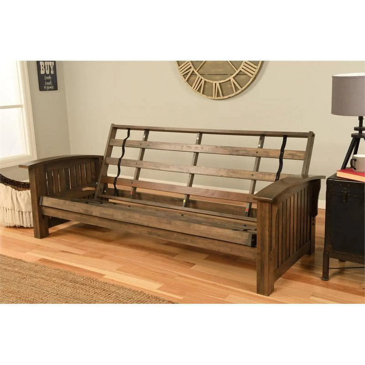 Queen-size Wood Futon with Suede Blue Mattress J8169
