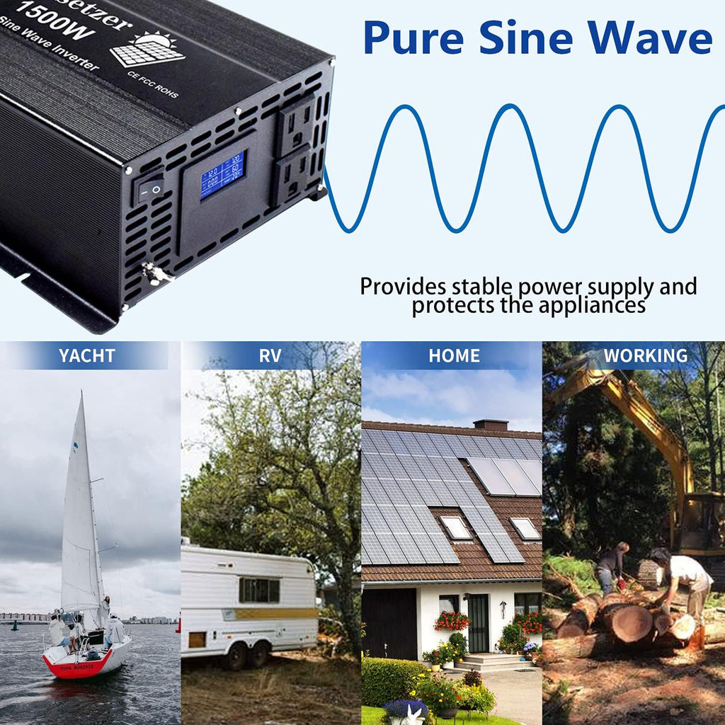 3000 Watt Pure Sine Wave Inverter 12V to 110V 120 Volt with Dual US Outlet and LCD Display K436607