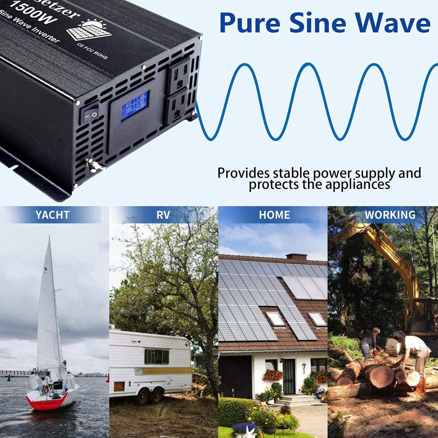 3000 Watt Pure Sine Wave Inverter 12V to 110V 120 Volt with Dual US Outlet and LCD Display K436607