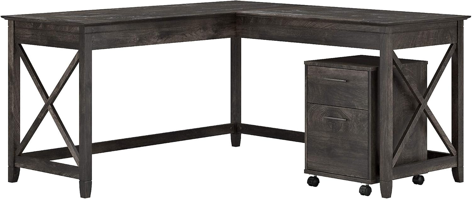 L Shaped Desk with 2 Drawer Mobile File Cabinet, Dark Gray Hickory U130