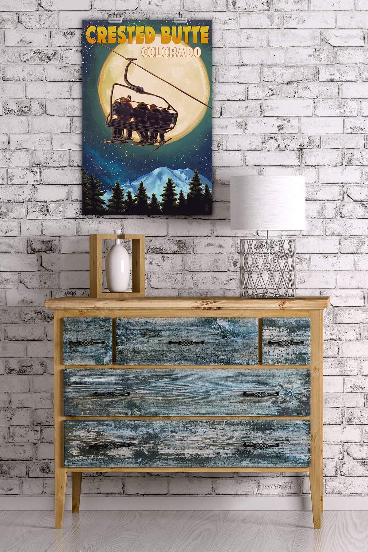 Ski Lift and Full Moon Giclee Gallery Print U216856