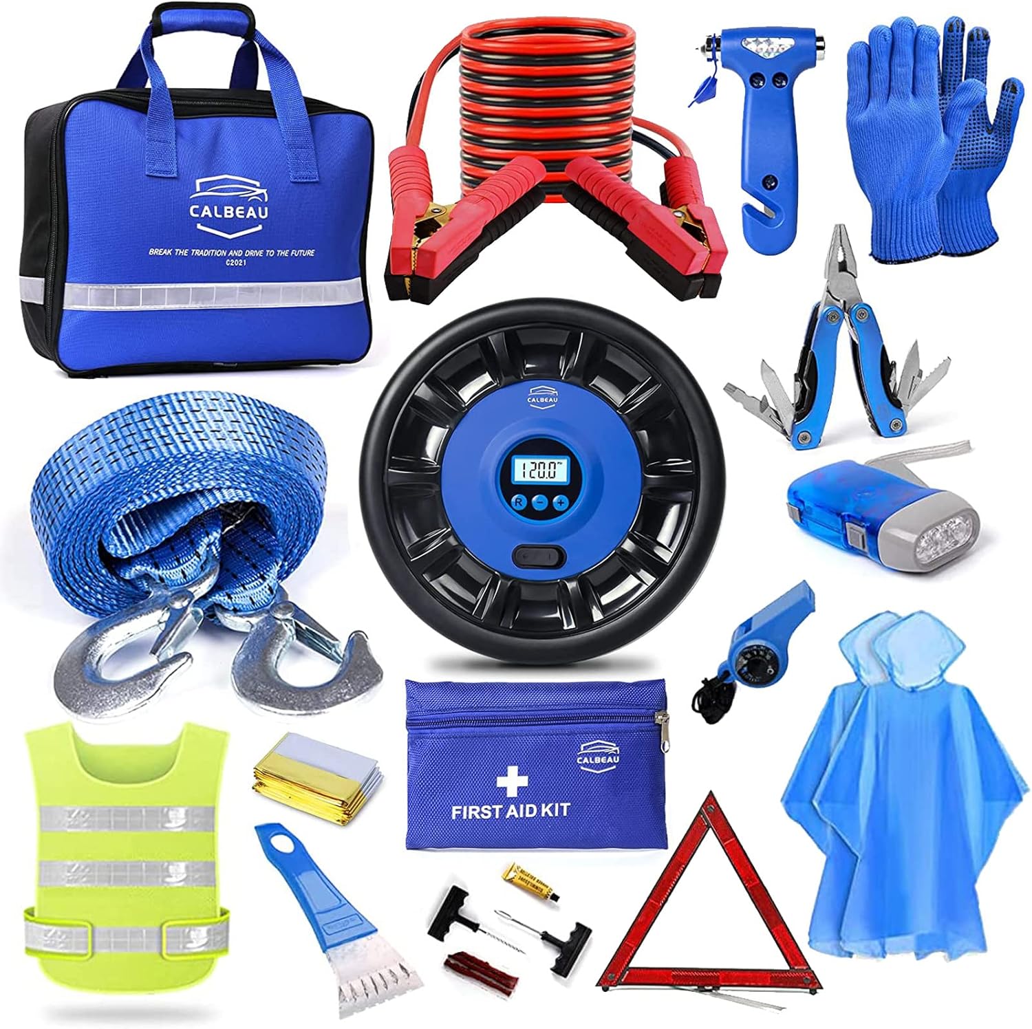 Car Emergency Kit with Air Compressor, Jumper Cable, Tow Strap, Safety Hammer, First Aid Kit O5239